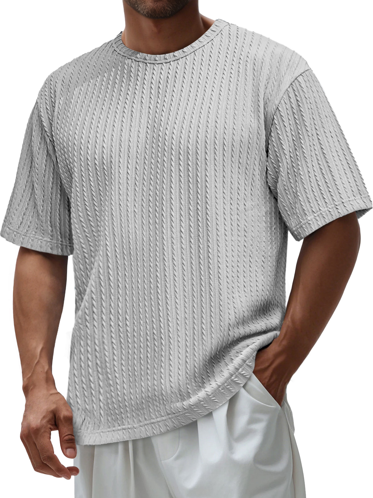 Men's Daily Round Neck Jacquard Texture Casual Solid Color Short-sleeved T-shirt