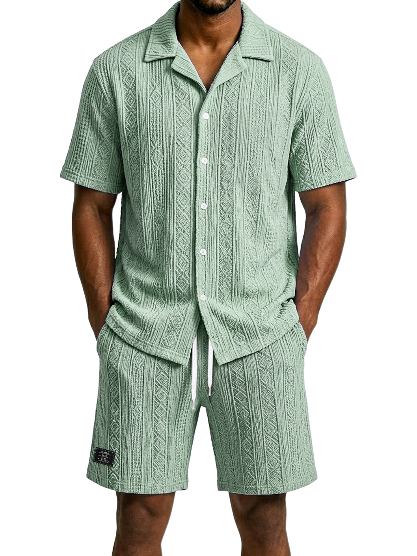 Men's Casual Jacquard Textured Solid Color Shirt and Shorts Two-Piece Set