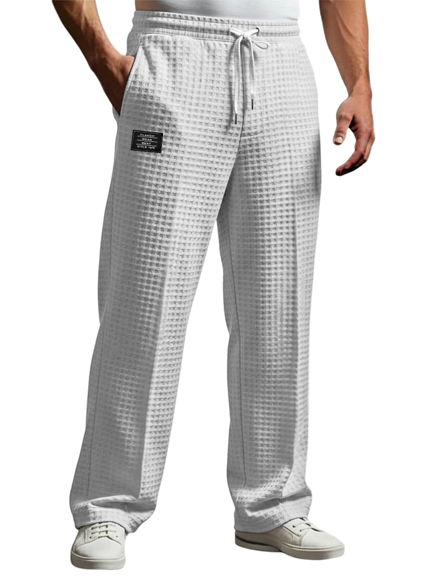 Men's Waffle Embroidered Logo Casual Loose Trousers