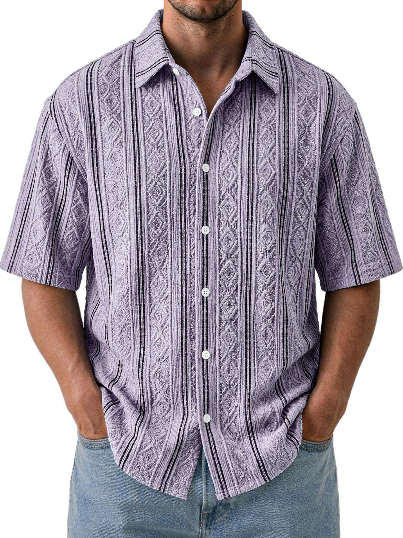 Men's Casual Textured Breathable Collared Short-Sleeve Shirt