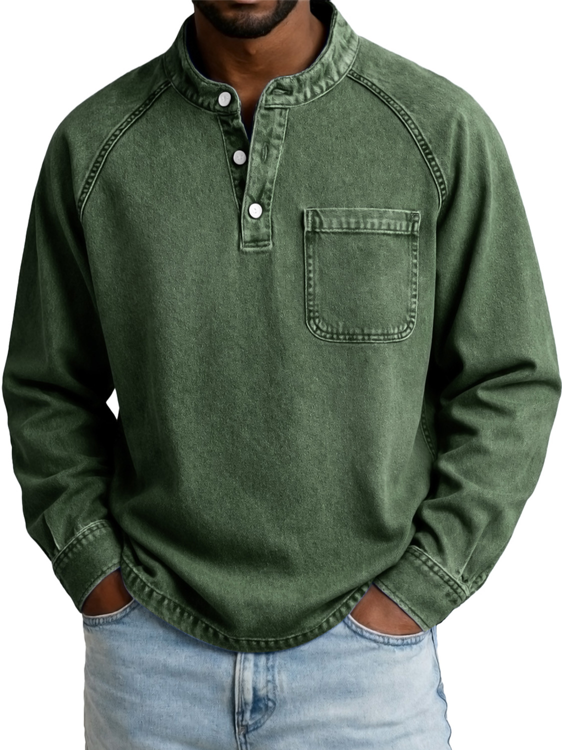 Men's Vintage Casual Raglan Sleeve Pocket Long-sleeved Henley Shirt