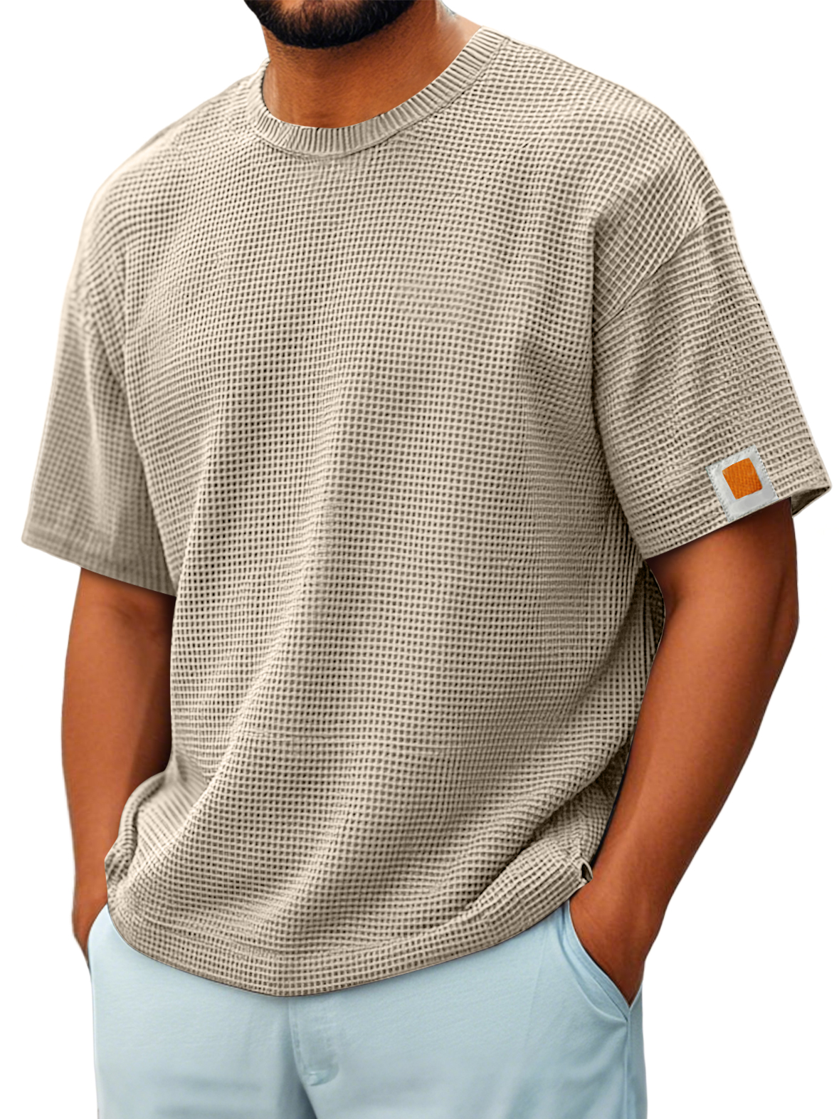 Men's Vintage Crew Neck Waffle Embroidered Logo Comfort Short Sleeve T-Shirt