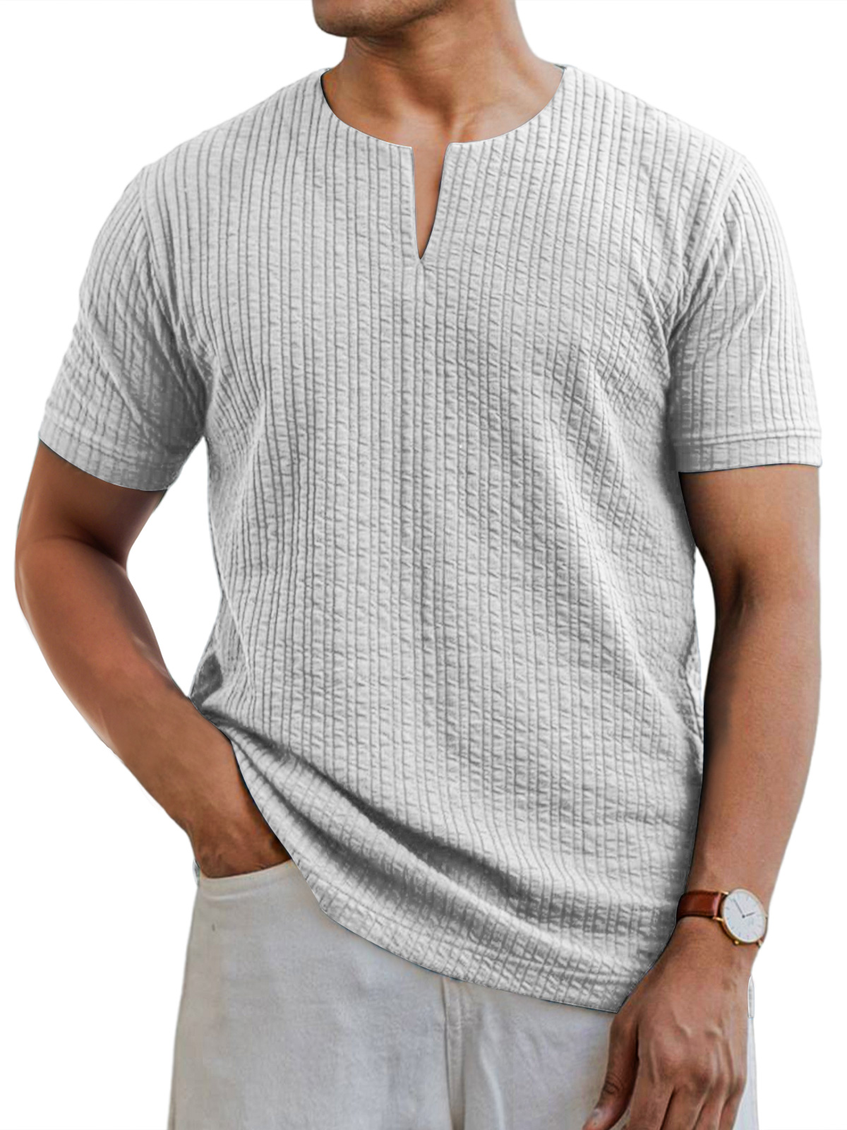 Men's Daily V-neck Pit Strip Casual Solid Color Short-sleeved T-shirt