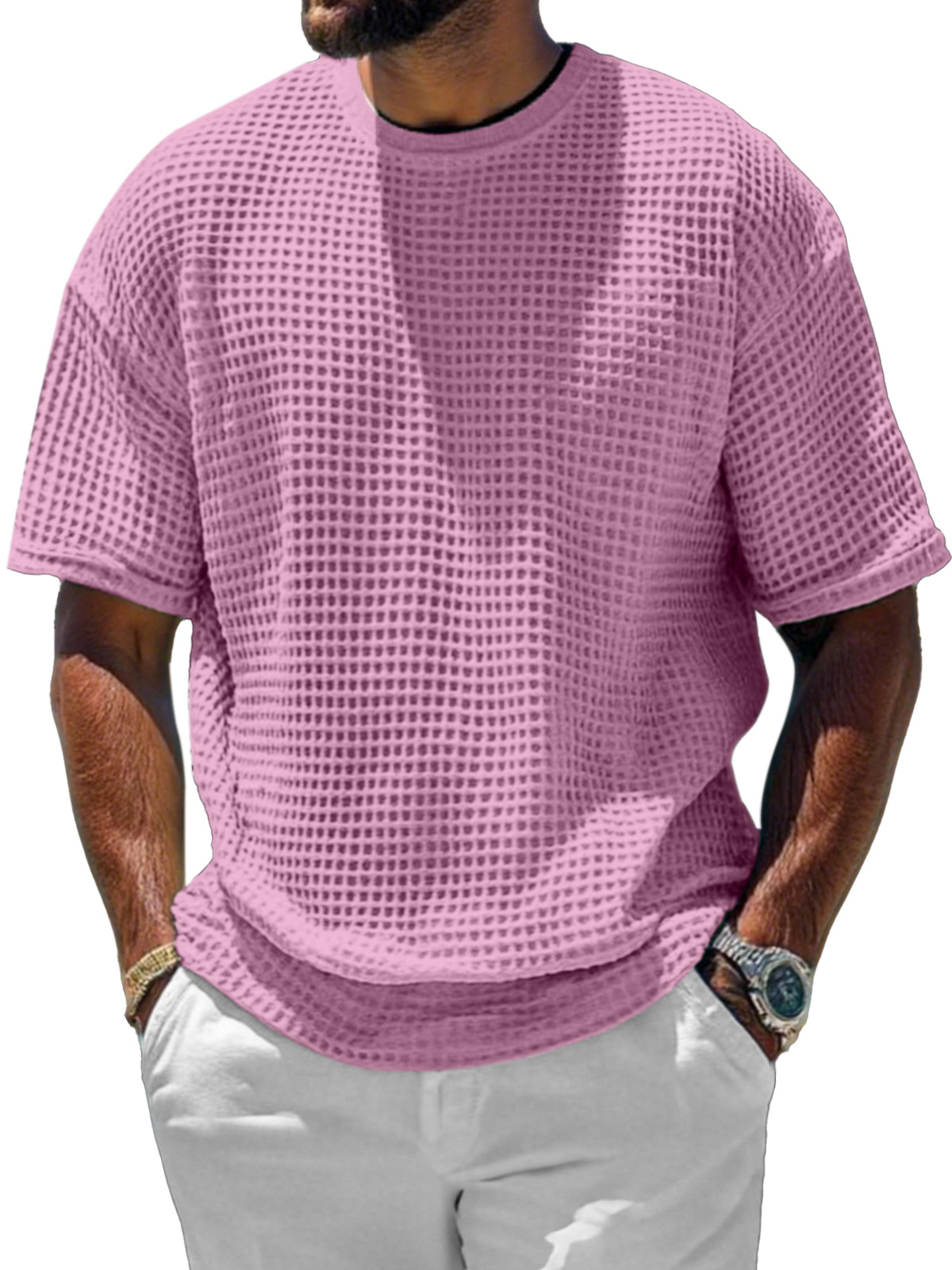 Men's Casual And Comfortable Short-sleeved Solid Color Waffle Round Neck T-shirt