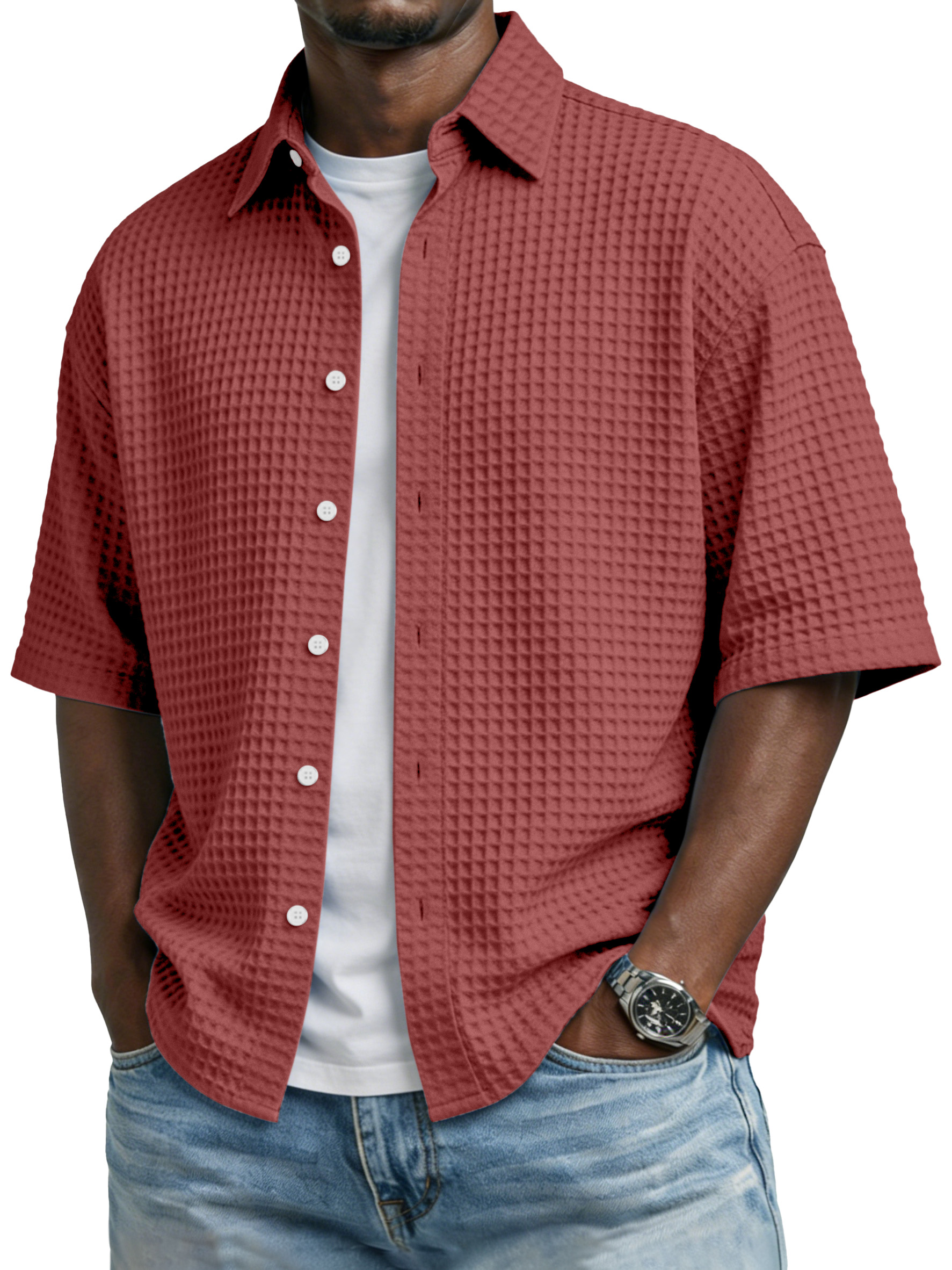 Men's Simple Solid-color Waffle-knit Lapel Casual Short-sleeved Shirt