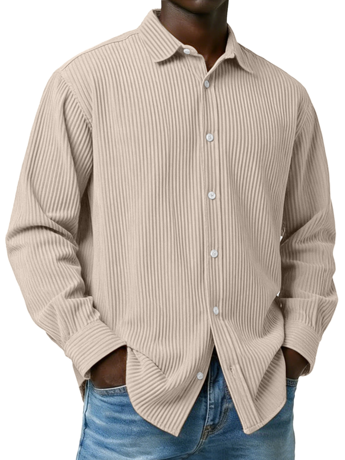Men's Simple Solid Color Ribbed Long-sleeved Collared Shirt