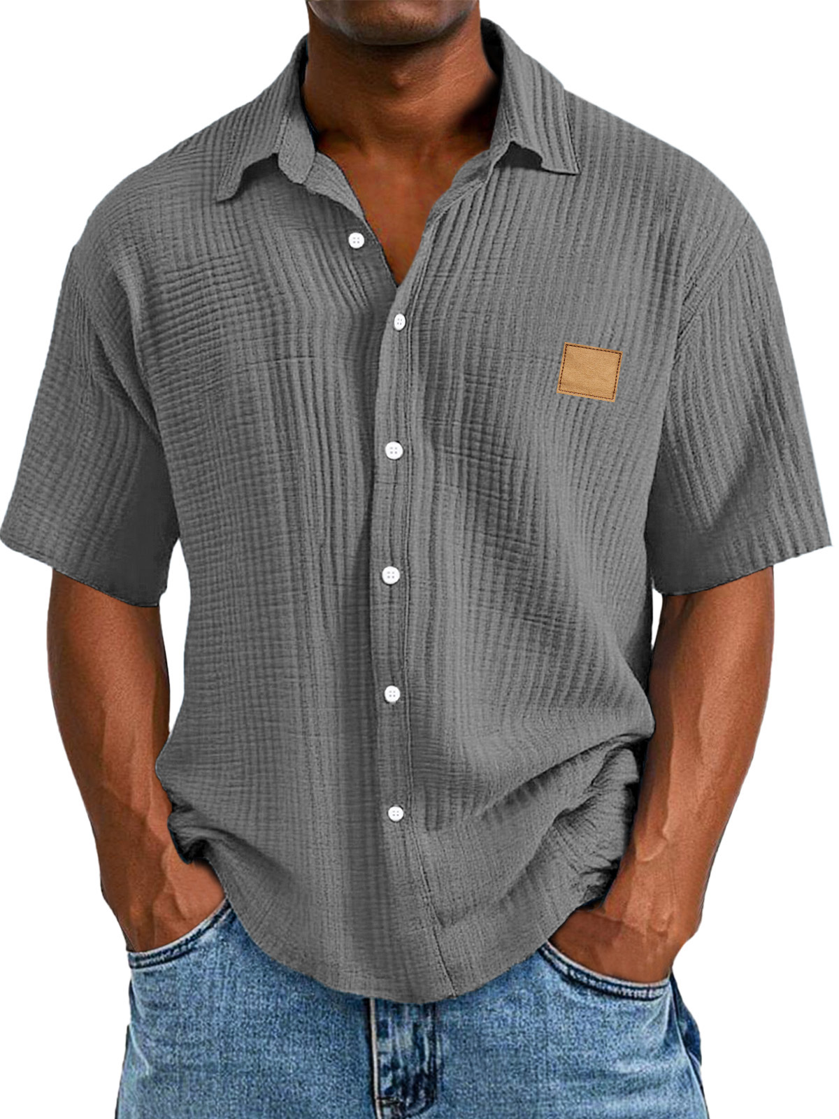 Men's Casual Retro Textured Logo Short Sleeve Lapel Shirt
