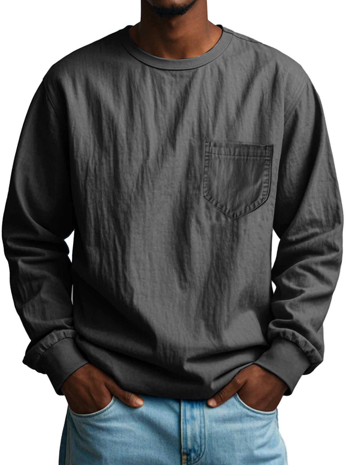 Men's Fashion Casual Pleated Round Neck Long Sleeve Pocket T-Shirt