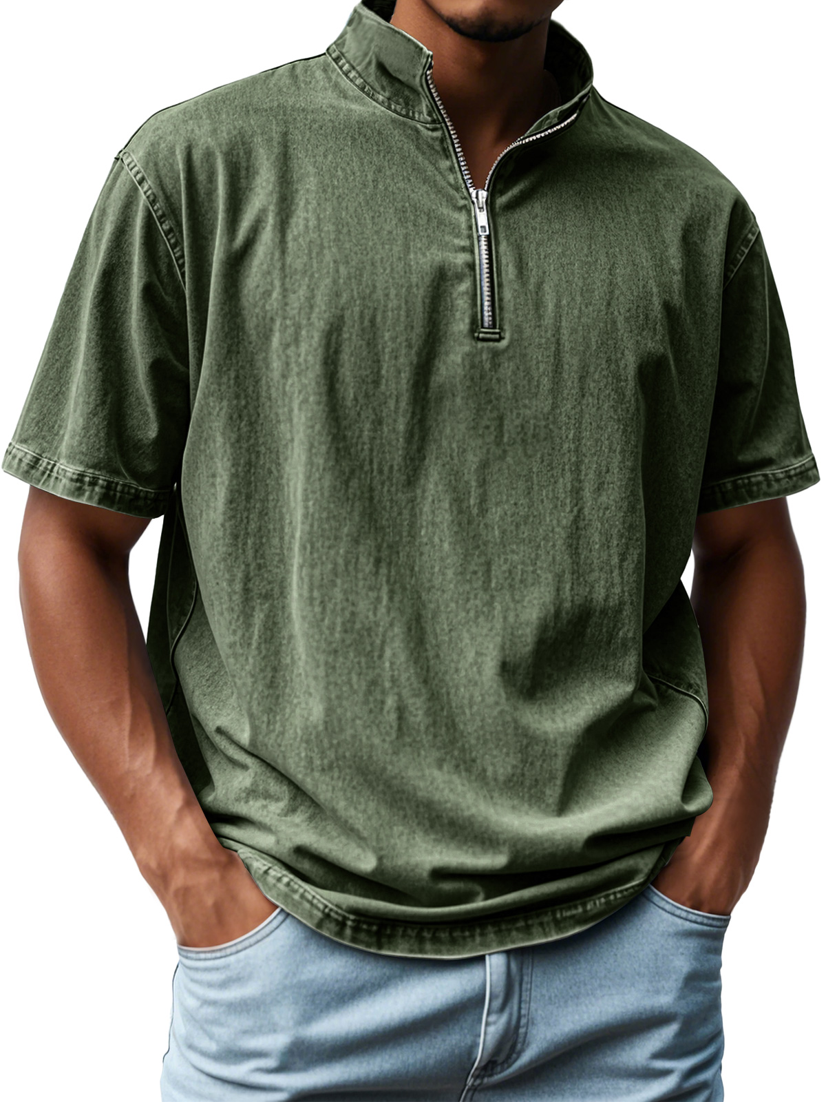 Men's Retro Stand Collar Zipper Casual Short Sleeve T-Shirt