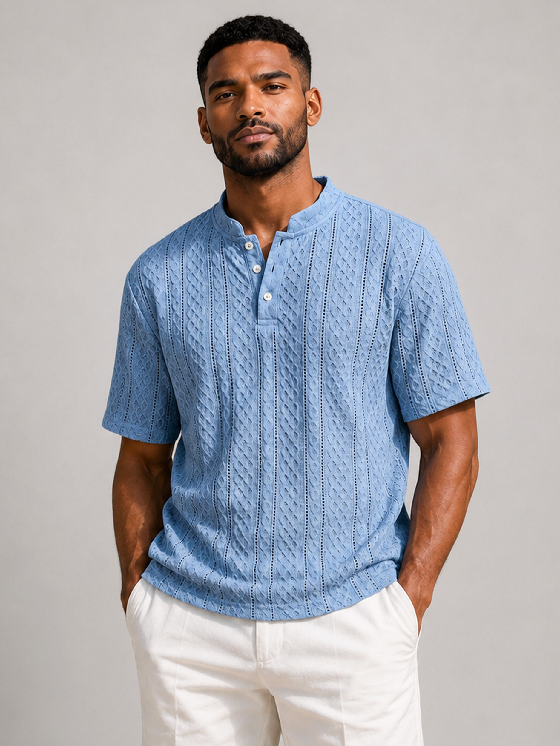 Men's Short-Sleeve Henley Shirt with Stand Collar, Button Placket, and Textured Jacquard Finish