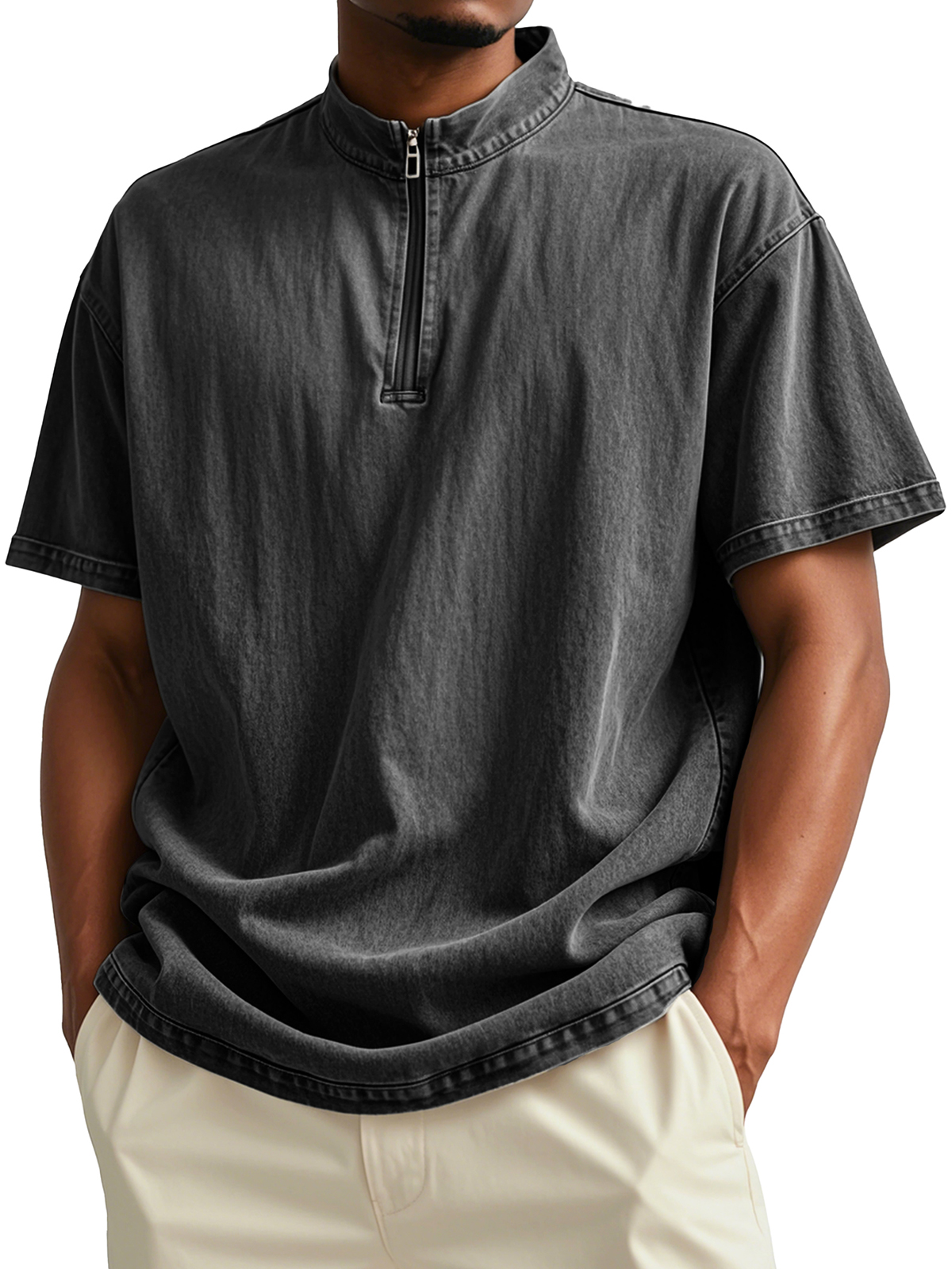 Men's Fashion Retro Distressed Short-sleeved Stand-up Collar Polo Shirt