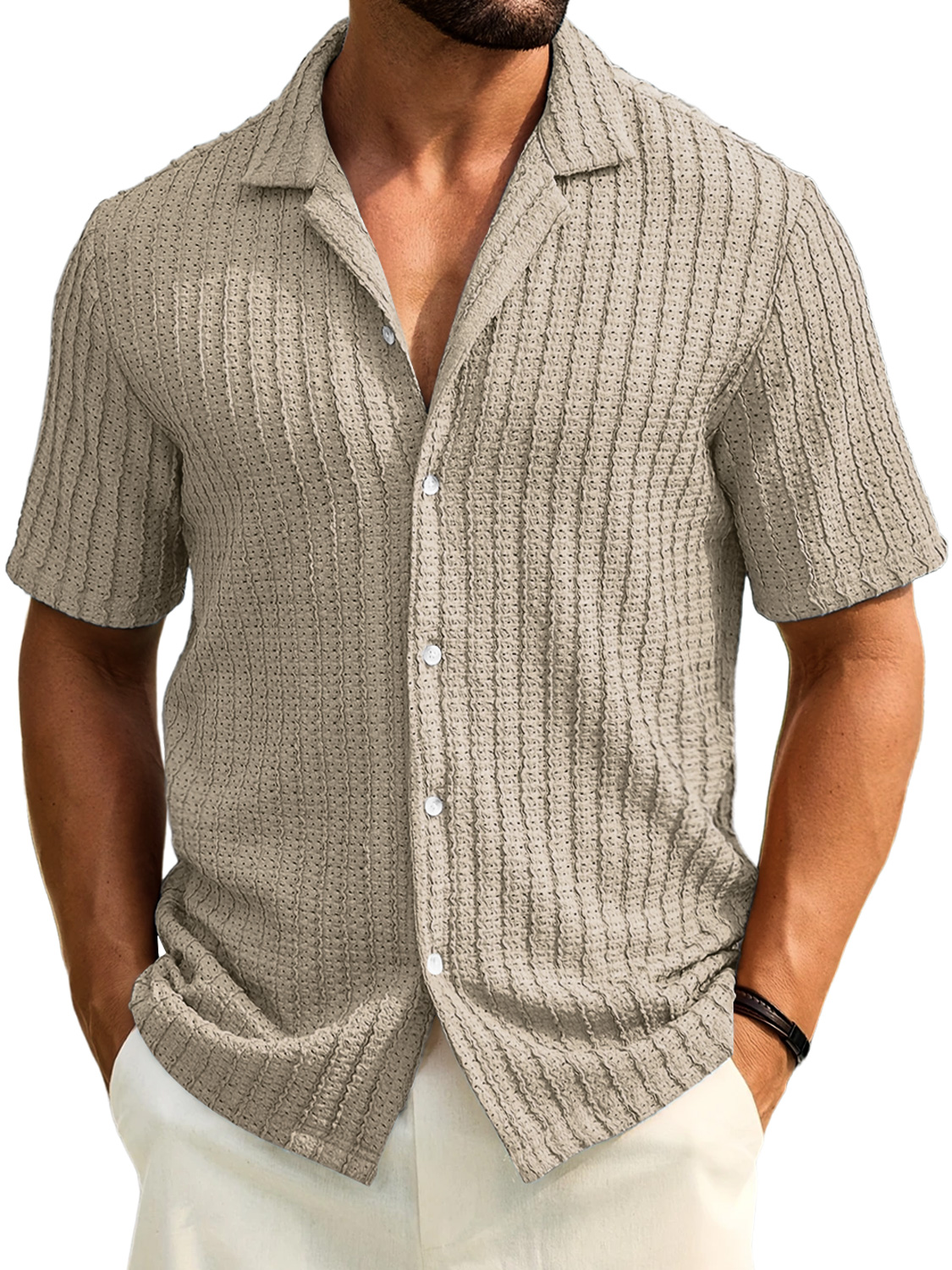 Men's Daily Casual Texture Lapel Comfortable Short-sleeved Shirt