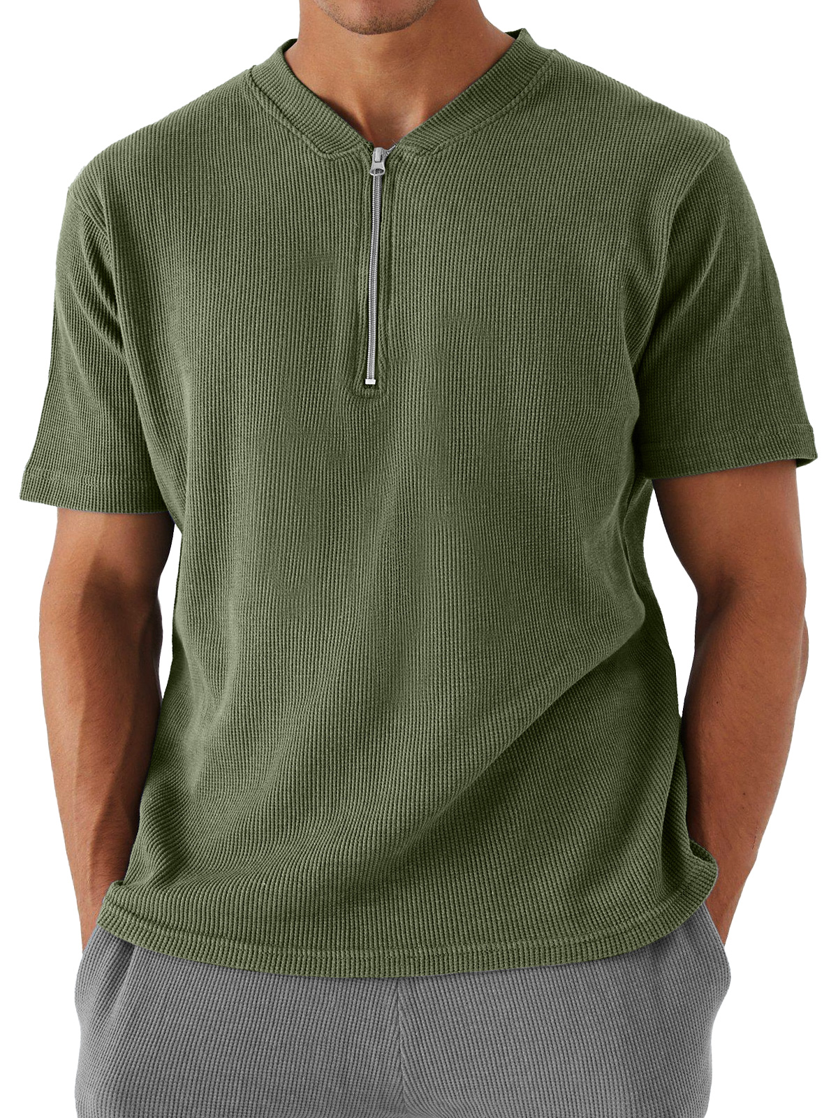 Men's Waffle Zipper Casual Solid Color Short Sleeve T-shirt