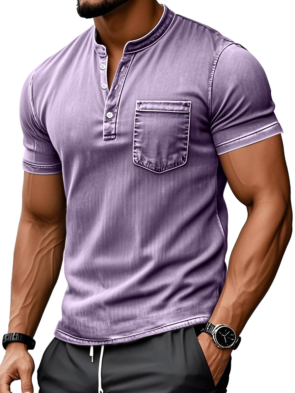 Men's Retro Everyday Stand Collar Pocket Casual Short Sleeve Henley Shirt