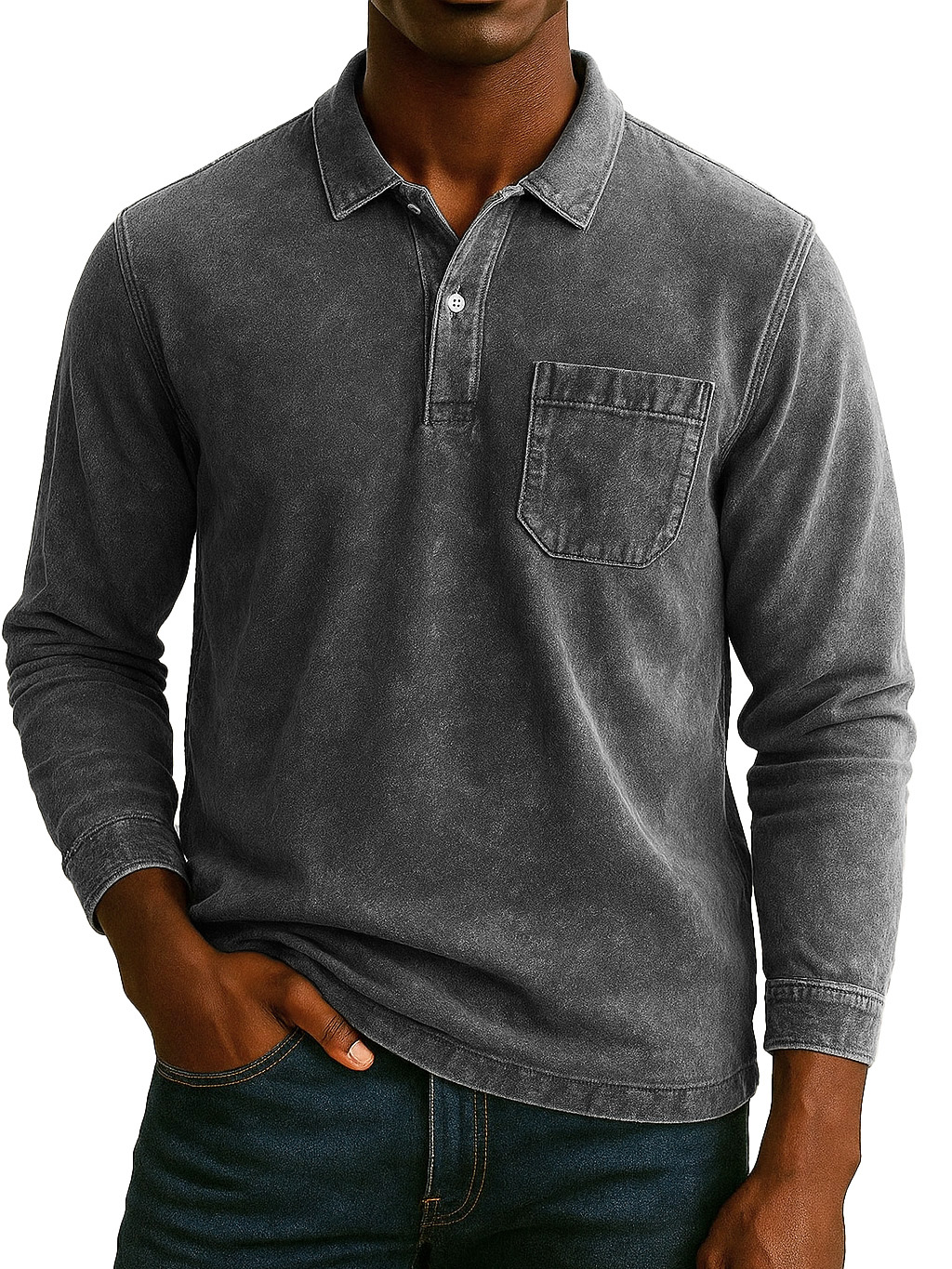 Men's Retro-chic Distressed Pocket Lapel Long-sleeved Polo Shirt