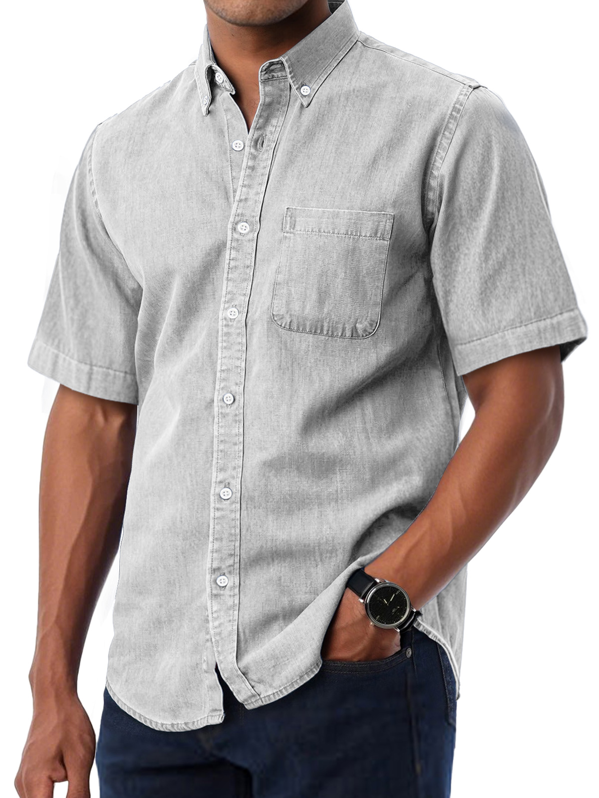 Men's Daily Casual Lapel Pocket Solid Color Comfortable Short Sleeve Shirt