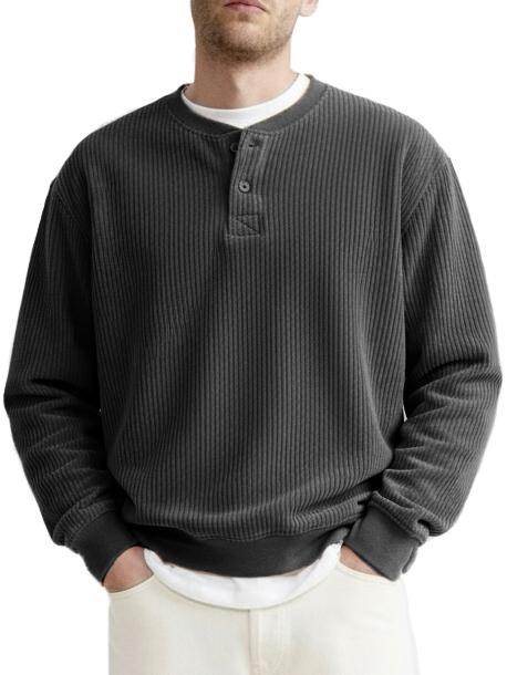 Men's Fashionable Casual Two-Piece Ribbed Fabric Long-Sleeved Henley Shirt