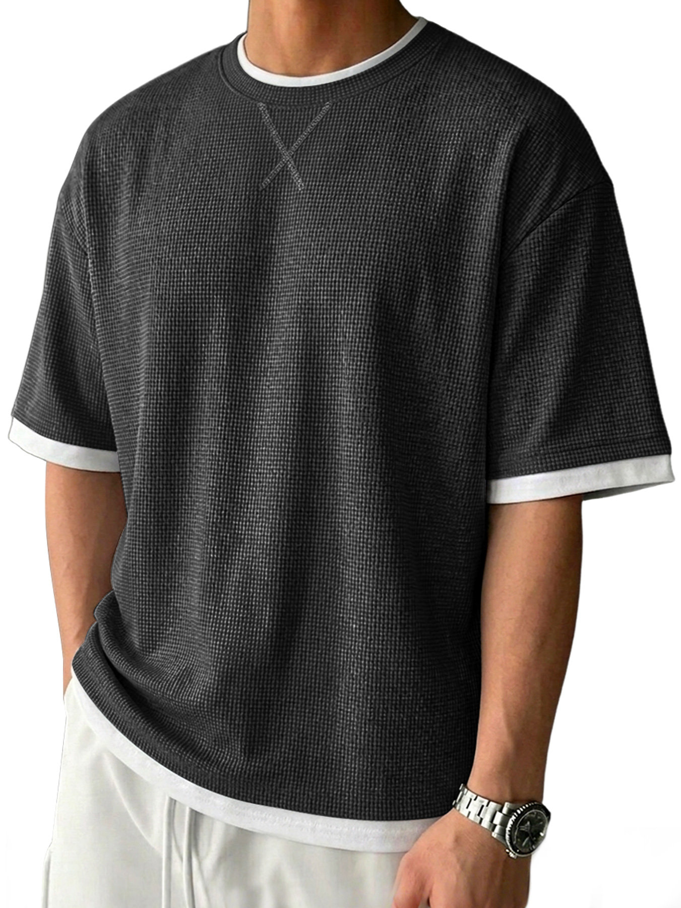 Men's Casual Crew-Neck Solid-Color Textured Short-Sleeve T-Shirt