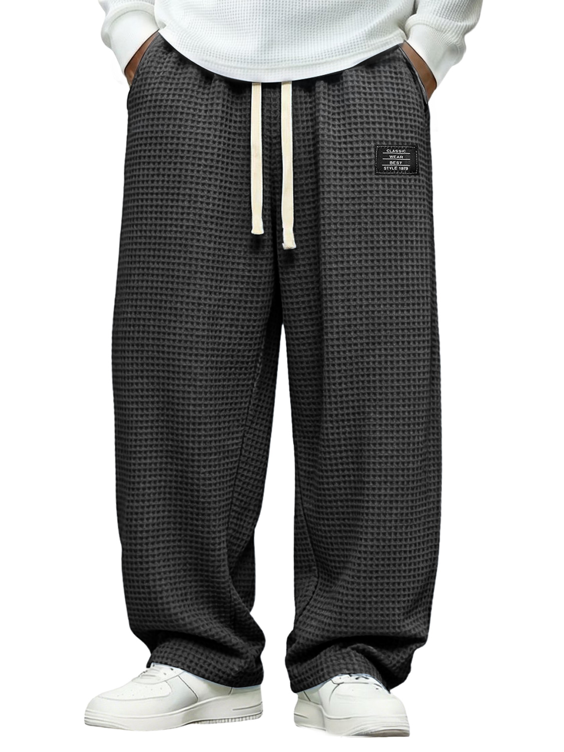 Men's Simple Waffle-knit Casual Loose-fitting Trousers With Embroidered Logo