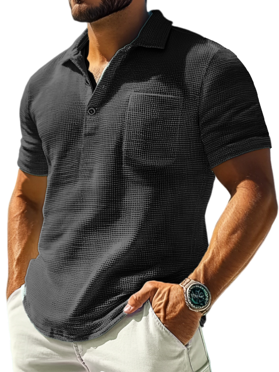 Men's Fashion Casual Short-sleeved Lapel Polo Shirt With Waffle Fabric