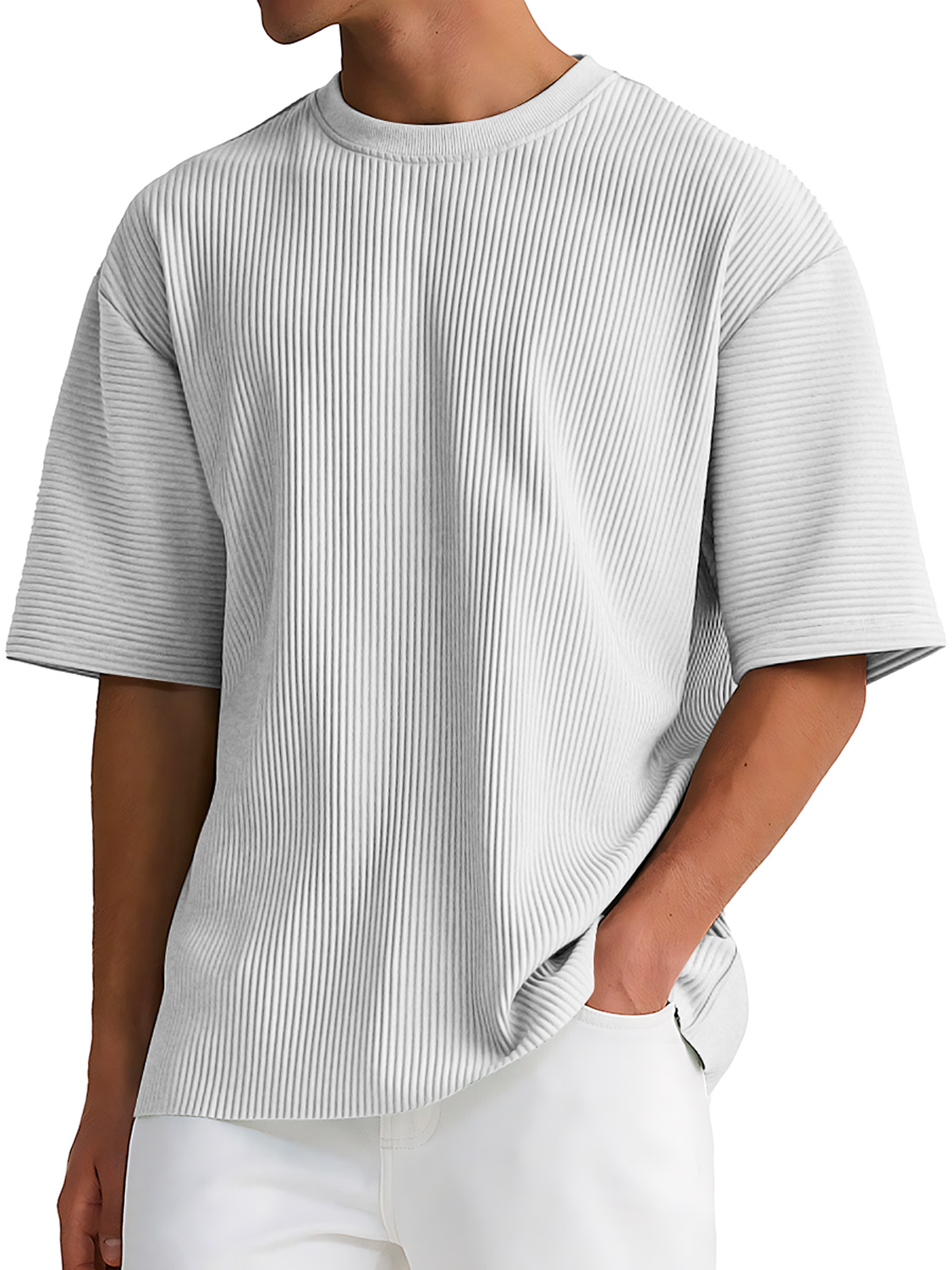 Men's Daily Round Neck Ribbed Texture Casual Solid Color Short-sleeved T-shirt