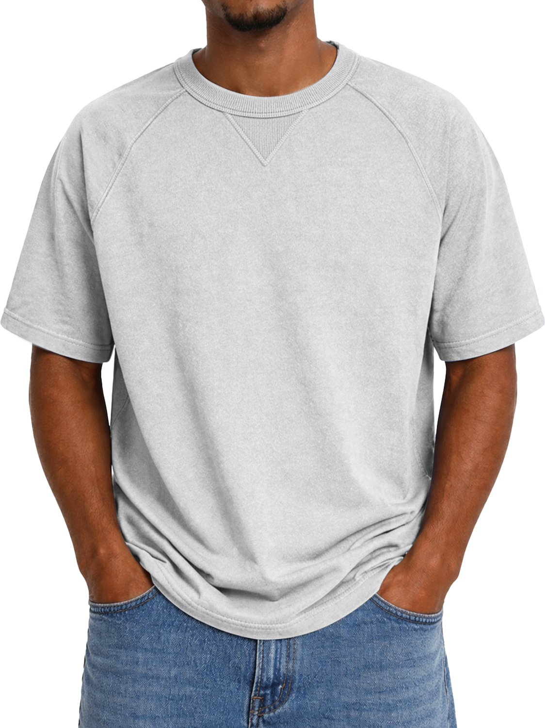 Men's Crew Neck Raglan Short-sleeved T-shirt With Inverted Triangle Design