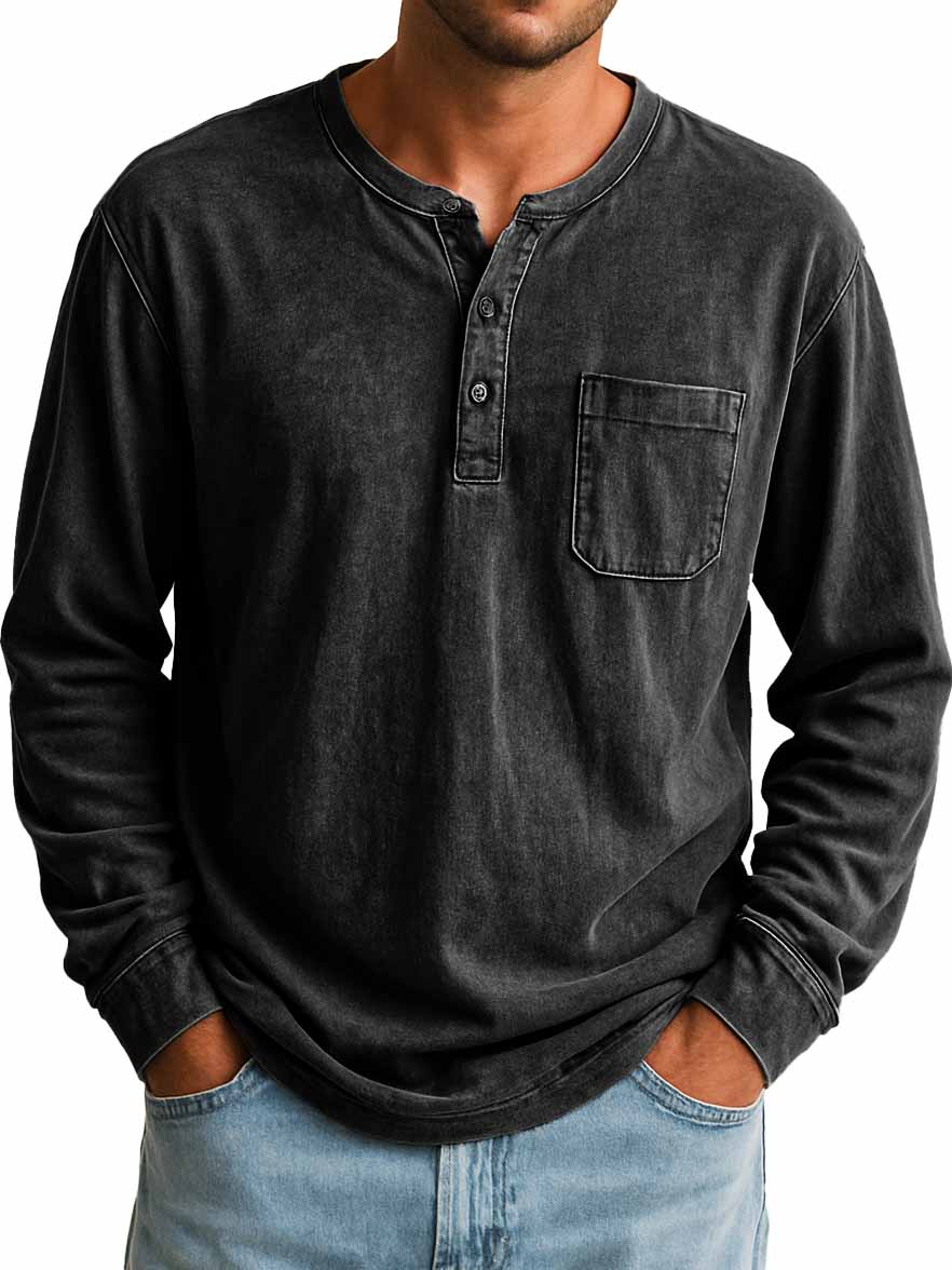 Men's Stylish Retro Outdoor Distressed Pocket Stand Collar Long-sleeved Henley Shirt