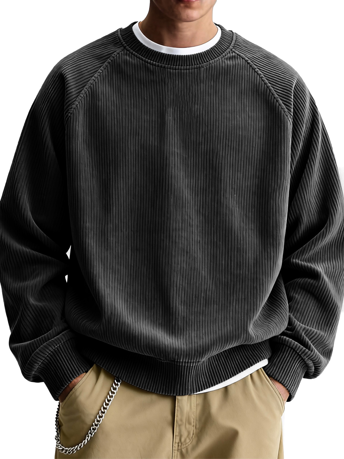 Men's Fashionable Casual Ribbed Fabric Raglan Neck Long-Sleeved Top
