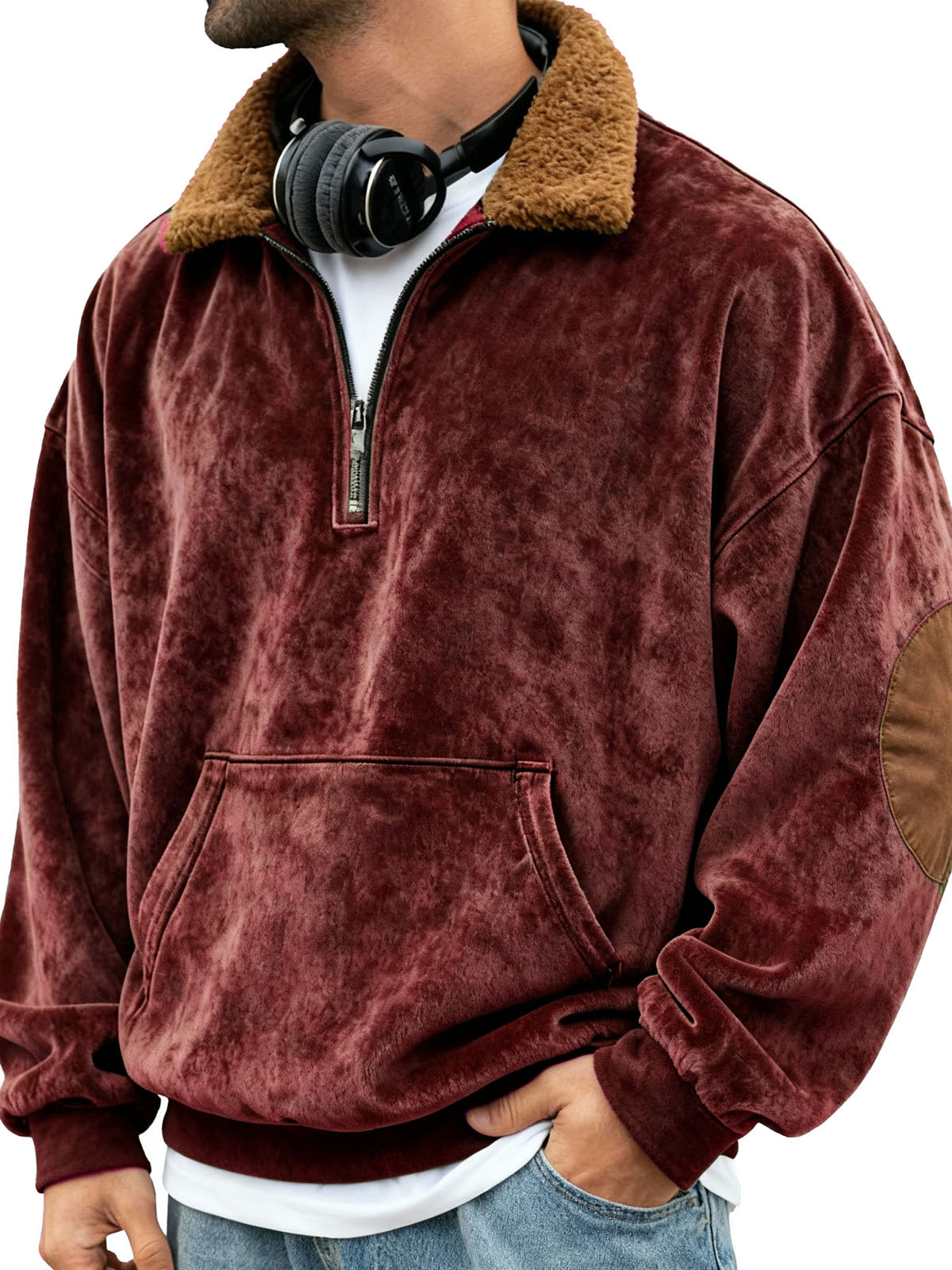 Men's Retro Patchwork Stand Collar Plush Pocket Stand Collar Zipper Sweatshirt