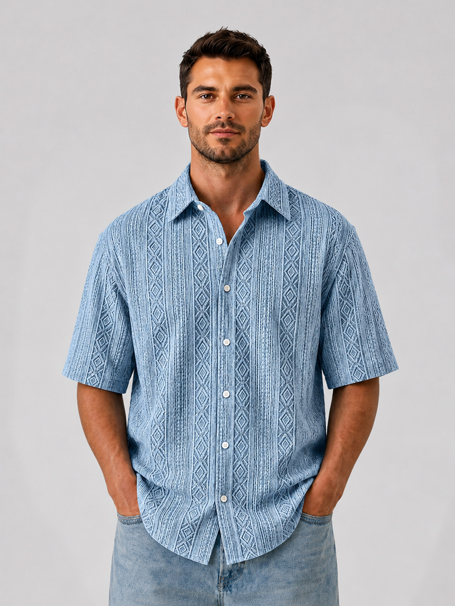 Men's Solid-Color Short-Sleeve Casual Shirt with Jacquard Texture