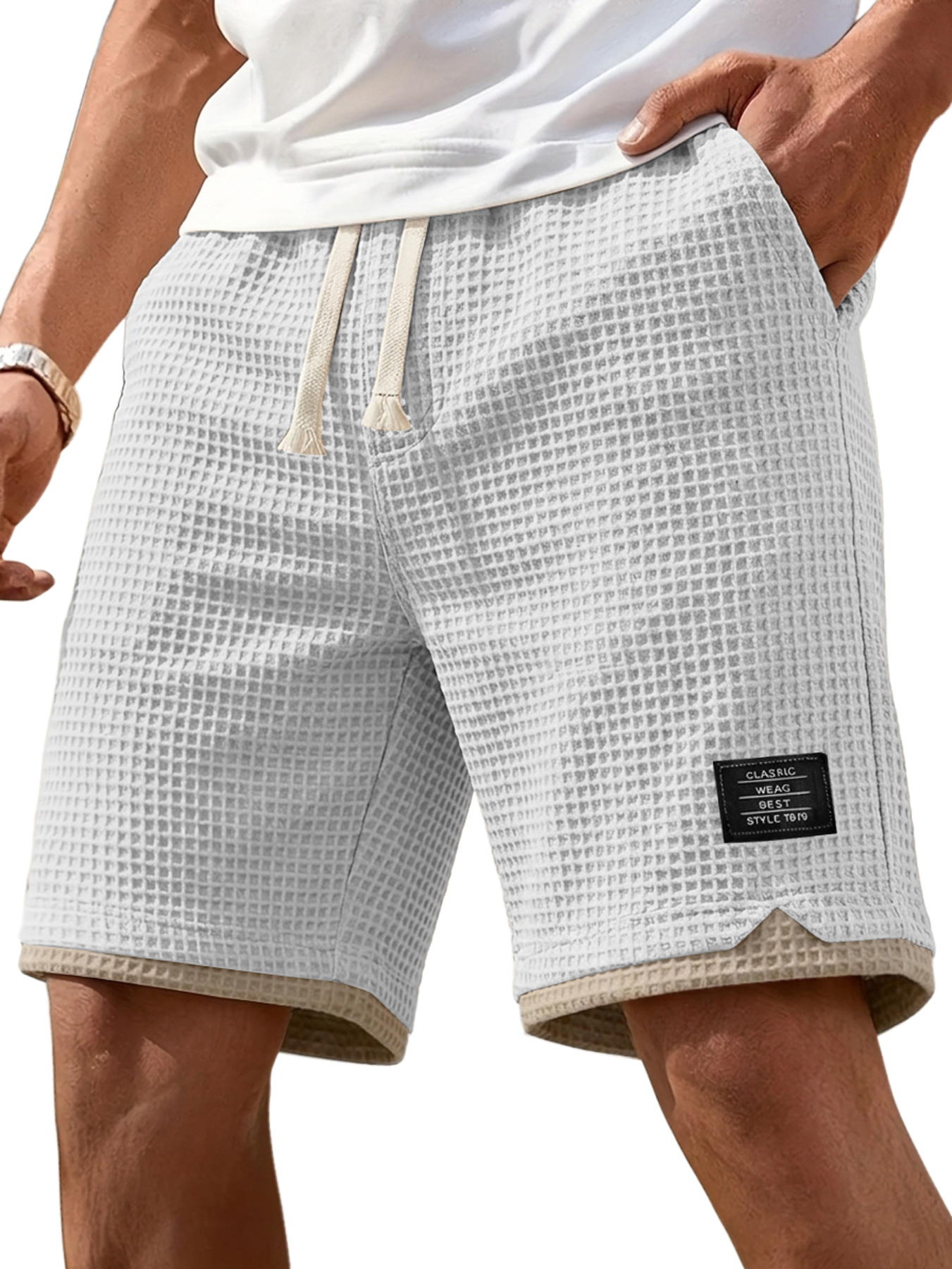 Men's Casual Waffle Color Block Embroidered Logo Loose Shorts
