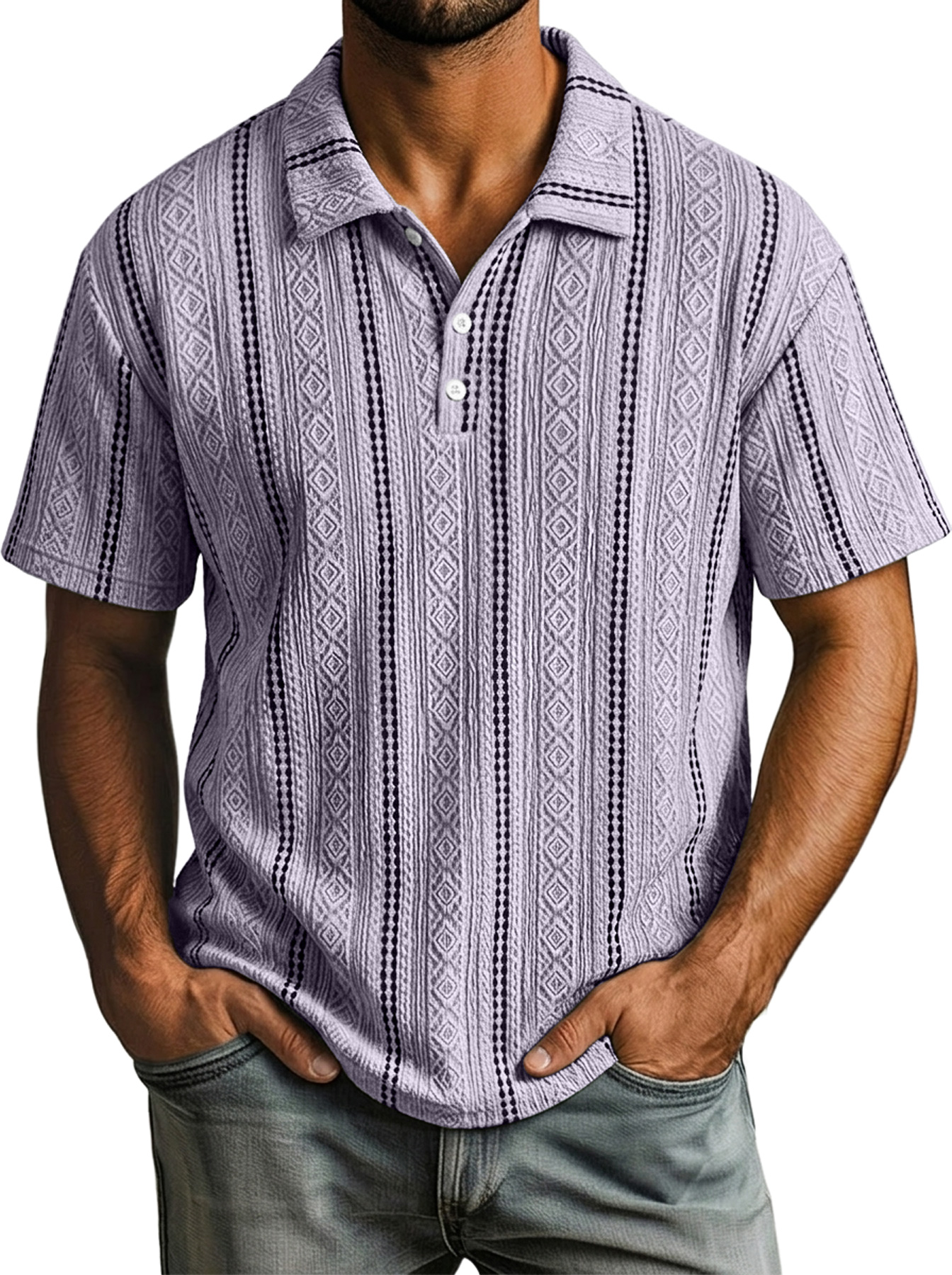 Men's Casual Color-Blocked Textured Collar Button-Up Comfortable Short-Sleeve Polo Shirt