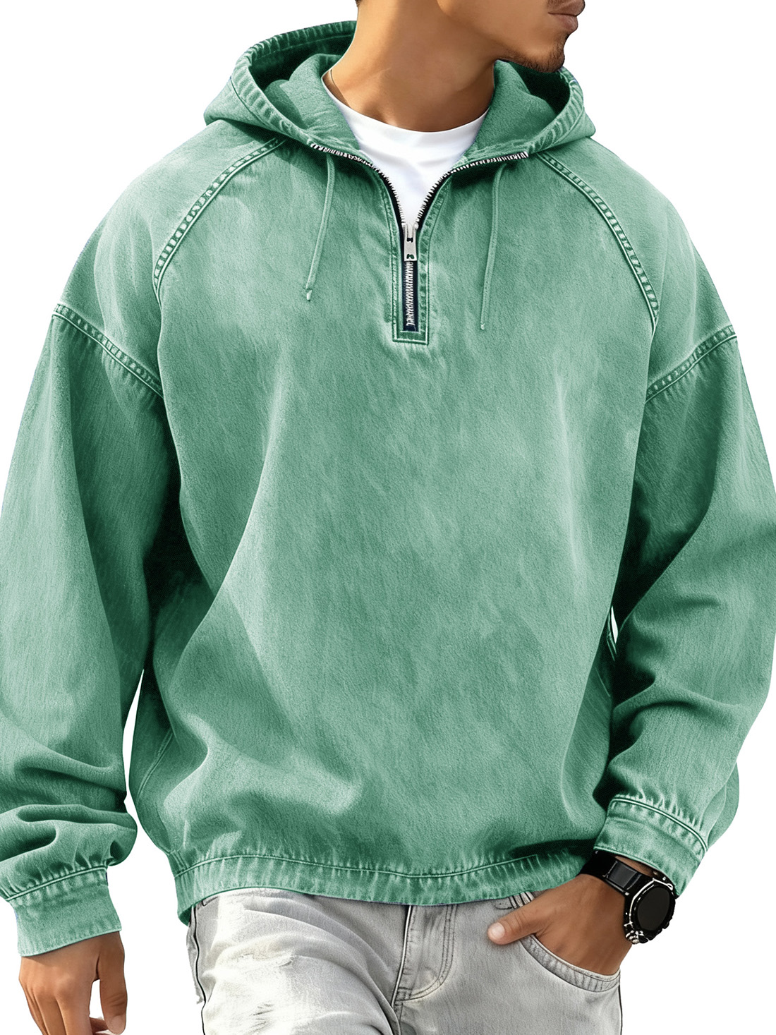 Men's Retro Fashion Distressed Raglan Long-Sleeve Hoodie