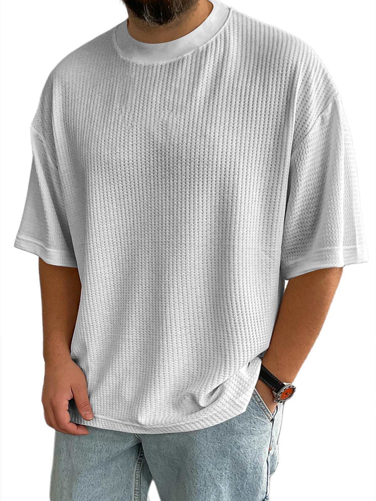 Men's Casual Textured Round Neck Solid Color Short-sleeved T-shirt