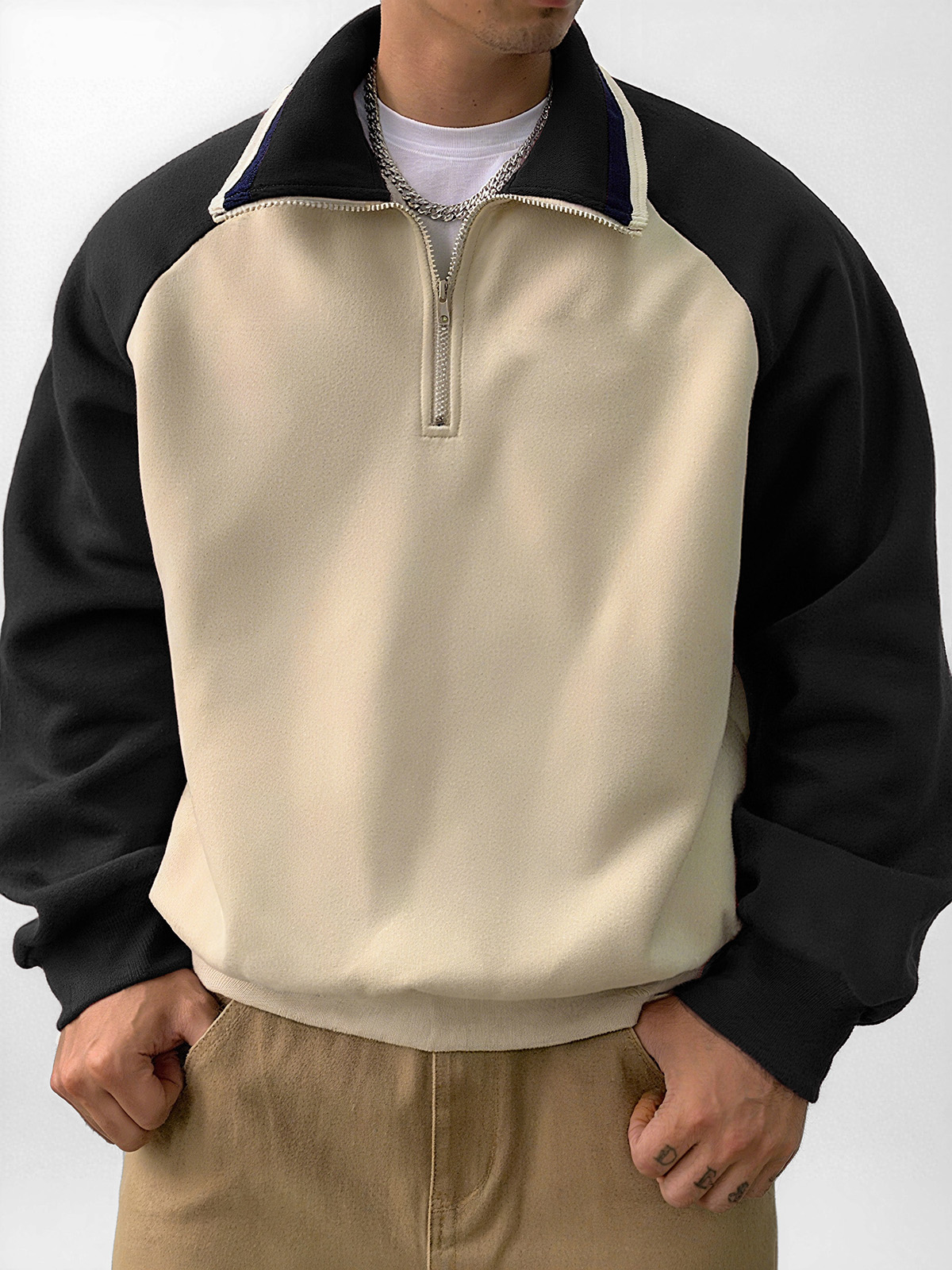 Men's Stylish Retro Patchwork Zippered Loose-fitting Long-sleeved Sweatshirt