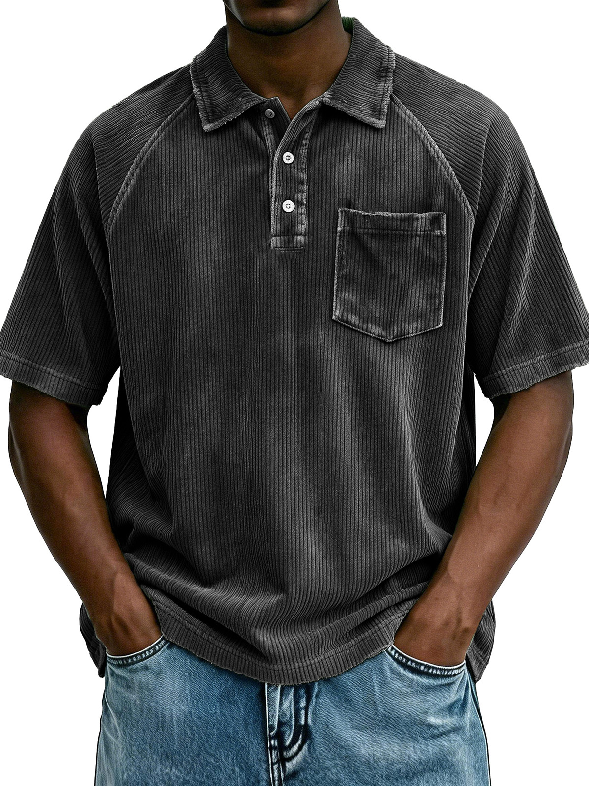 Men's Retro Raglan Pocket Zipper Loose Short-Sleeve Polo Shirt