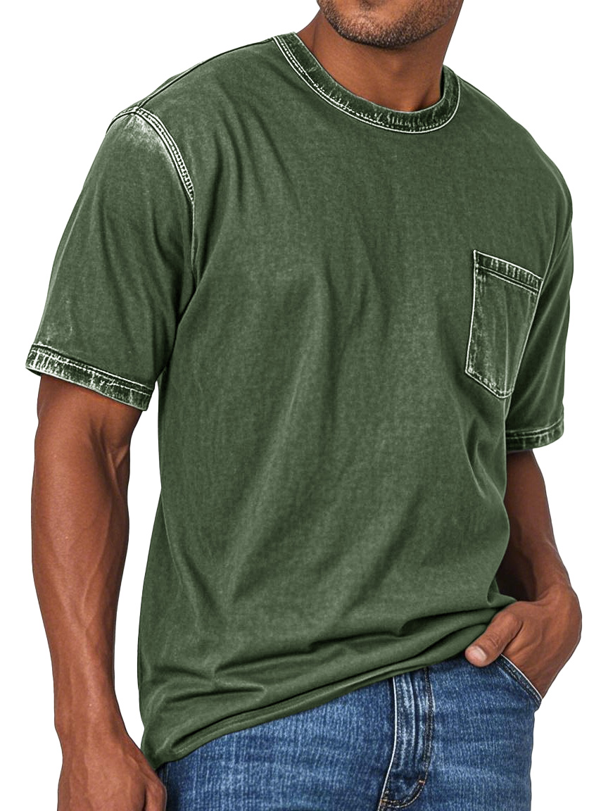 Men's Fashion Retro Washed Round Neck Pocket Short Sleeve T-shirt