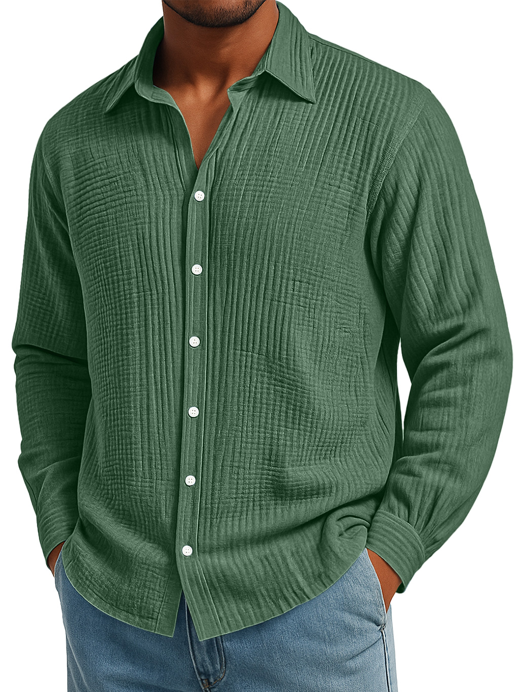Men's Daily Pleated Texture Loose Casual Solid Color Long-sleeved Shirt