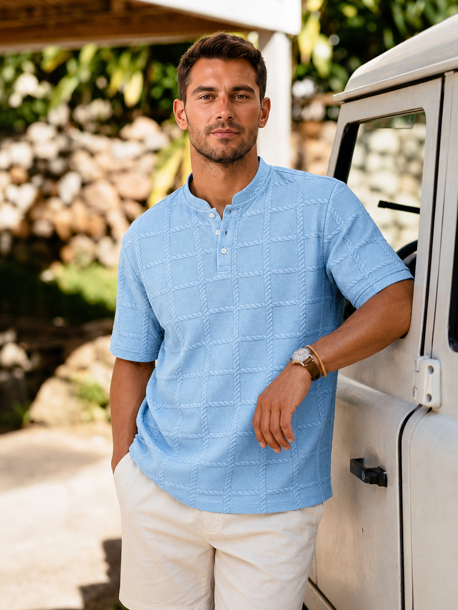 Men's Casual Textured Stand-Collar Button-Front Solid-Color Short-Sleeve Henley Shirt