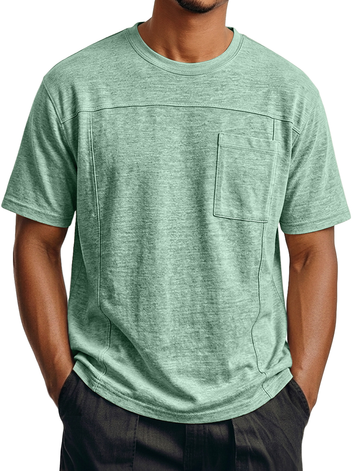 Men's Crew Neck Short-Sleeve T-Shirt with Deconstructed Design and Pocket