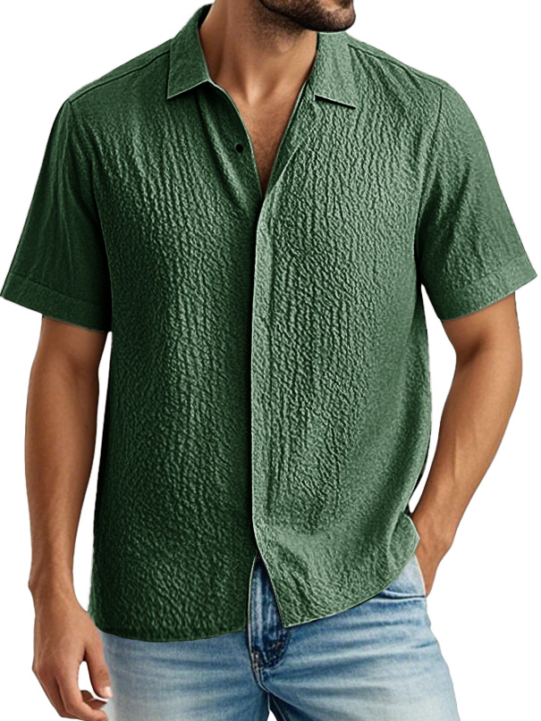 Men's Fashion Casual Pleated Fabric Lapel Short Sleeve Shirt