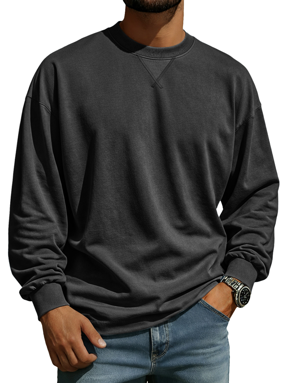 Men's Comfortable Crew Neck Long-sleeved T-shirt With A Crossover Design