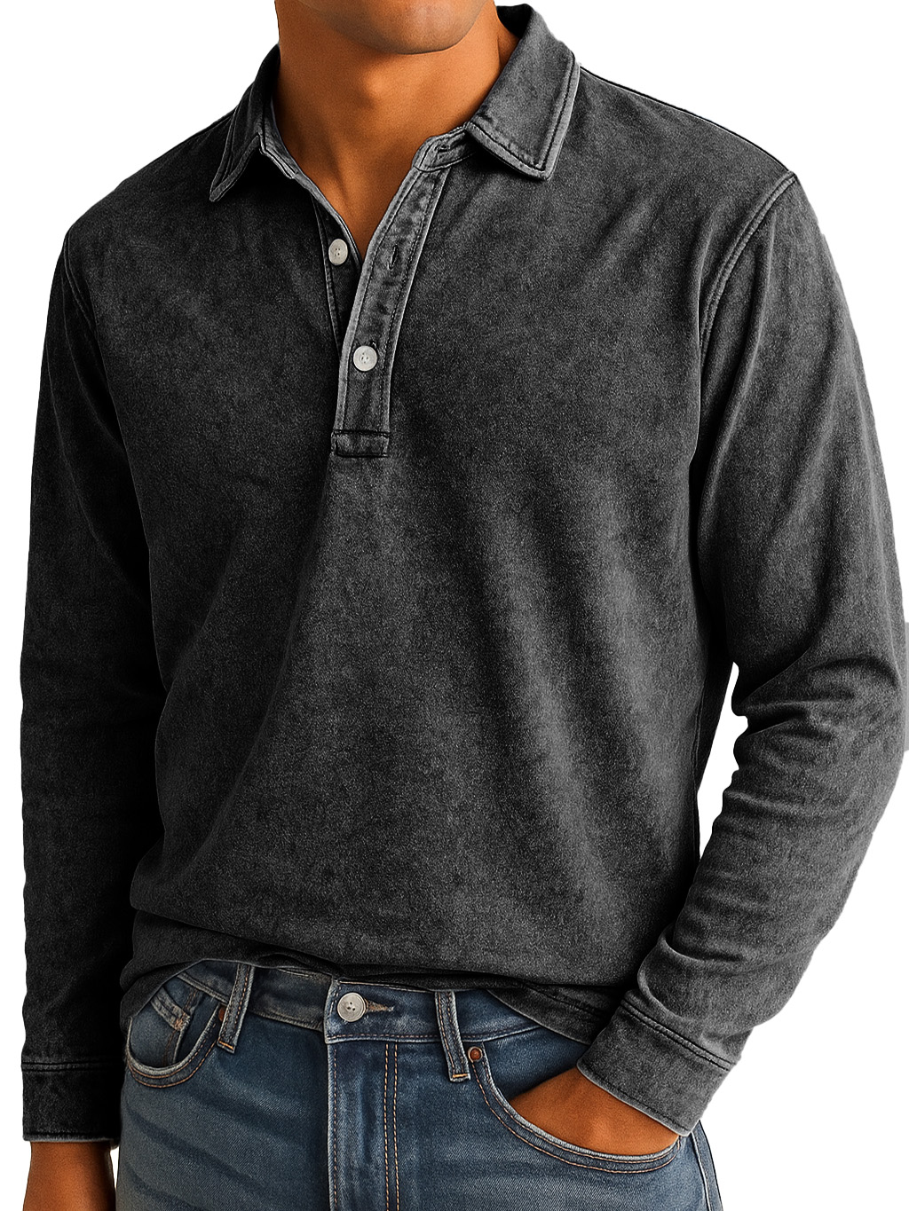 Men's Stylish Vintage Washed And Distressed Lapel Long-sleeved Polo Shirt