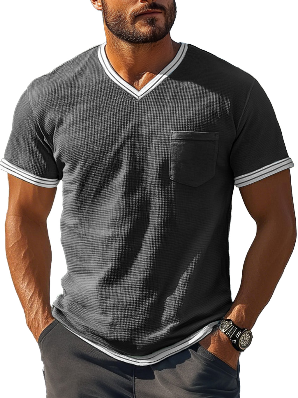 Men's Fashion Retro Patchwork Textured Fabric V-neck Short-sleeved T-shirt