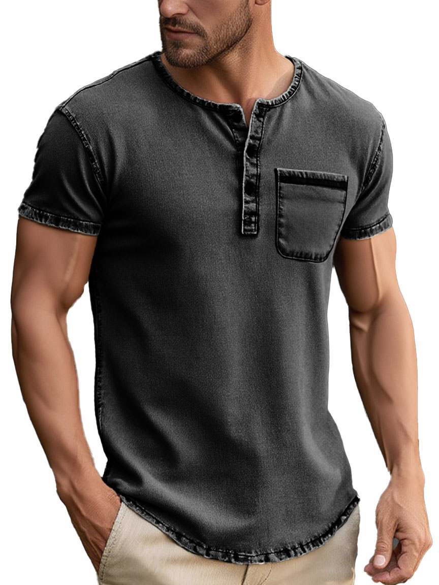 Men's Fashion Daily Distressed Fabric Pocket Short-sleeved Henley Shirt
