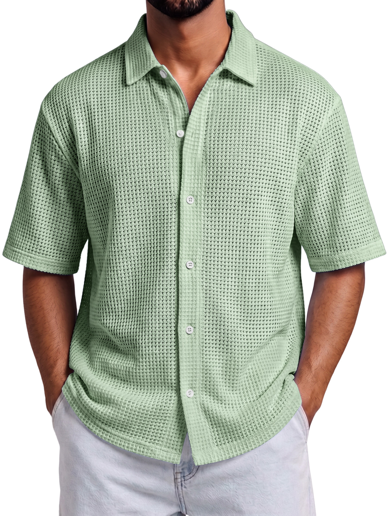 Men's Solid-Color Waffle-Knit Casual Short-Sleeve Shirt