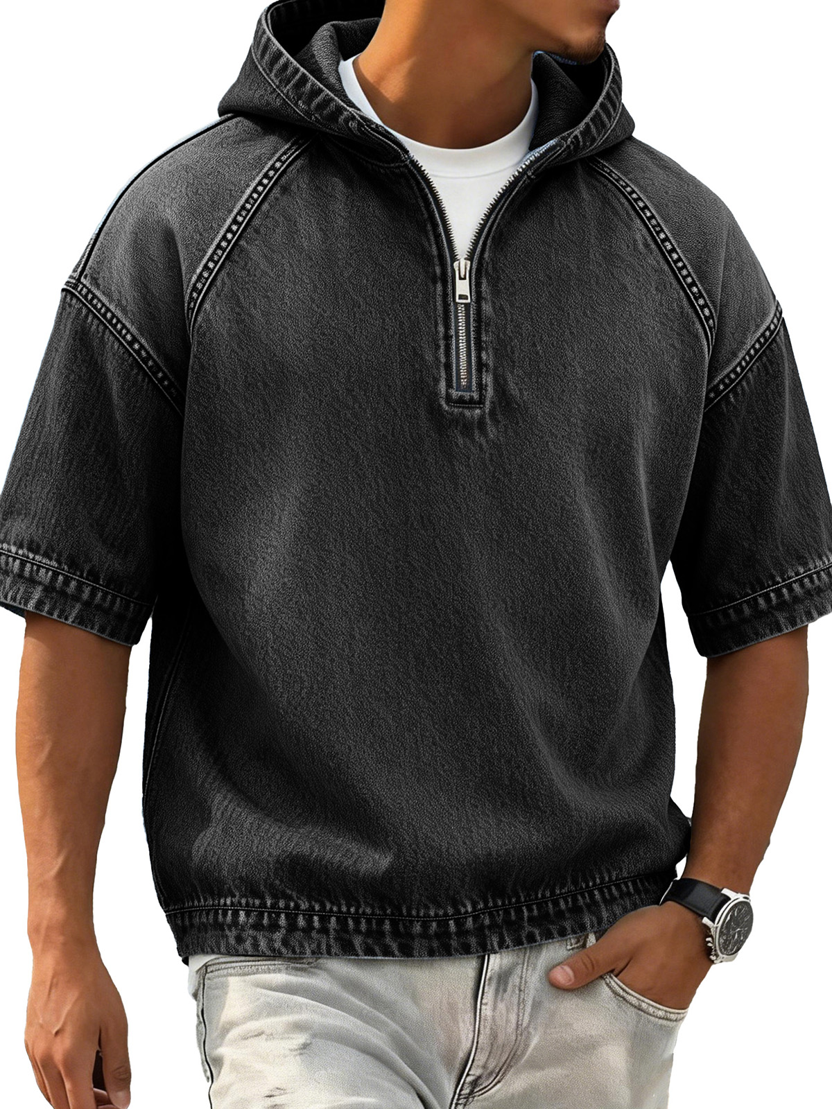 Men's Retro Distressed Raglan Short-Sleeve Sporty Hoodie
