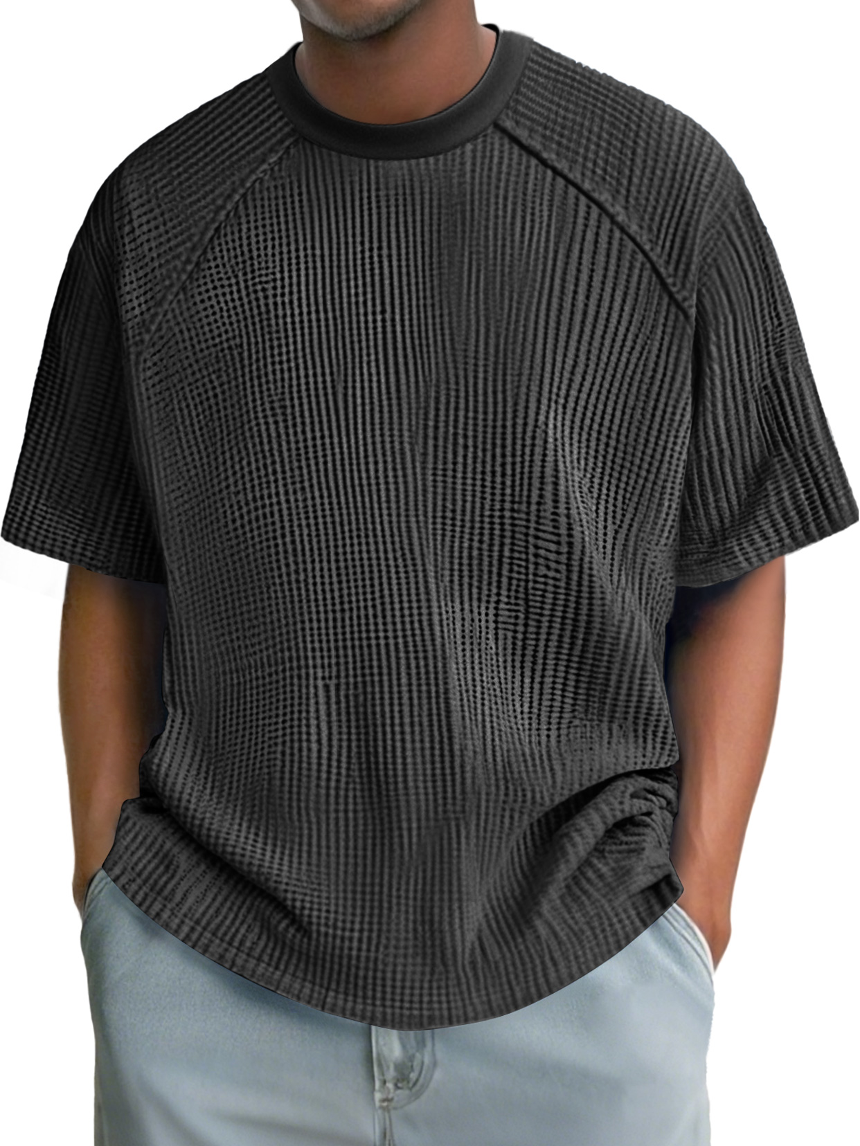 Men's Fashion Waffle Raglan Round Neck Comfortable Short Sleeve T-Shirt
