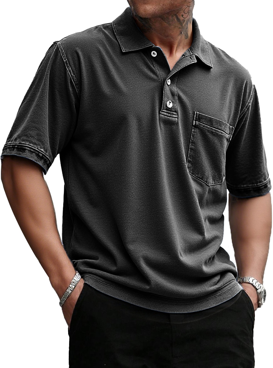 Men's Stylish Retro Pure Cotton Distressed Fabric Pocket Lapel Polo Shirt