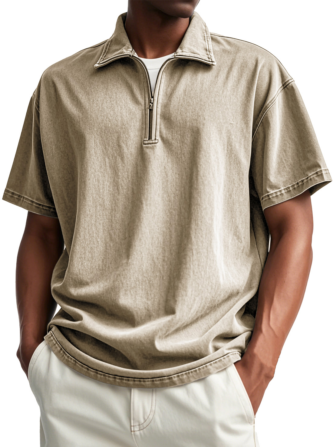 Men's Fashion Retro Distressed Short Sleeve Stand Collar Zip Polo Shirt